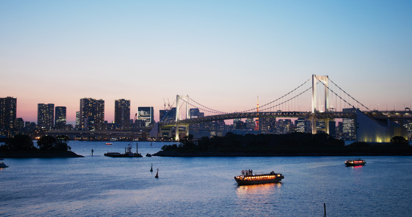 Tokyo, Japan, 02 July 2019: Odaiba city skyline in the evening