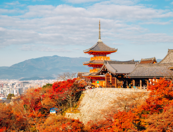 Kiyomizu-dera temple with autumn maple tree in Kyoto, Japan
